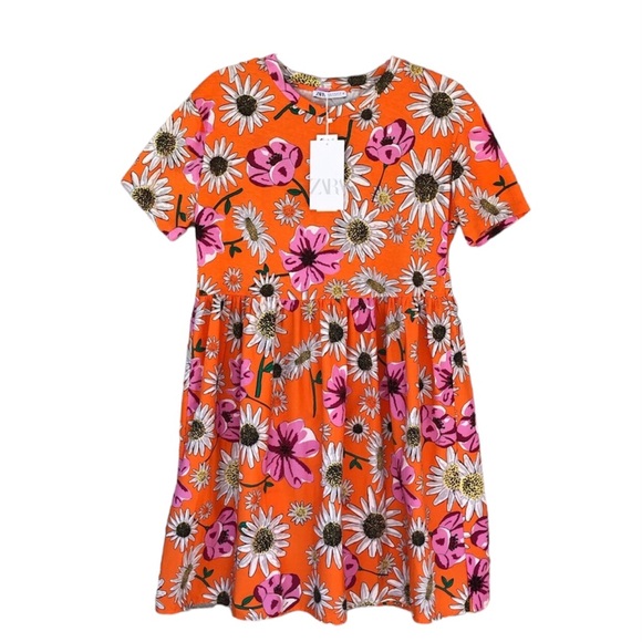 ZARA Mix Medía Cotton Orange Floral Print Short Sleeve Pull On Mini Dress M - Picture 2 of 16